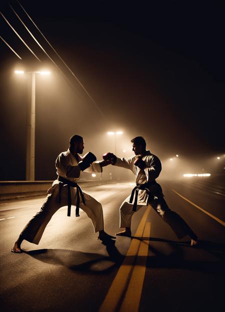 02311-2359922892-cinematic still of two karate men sparring in the foreground of a POV shot of a late night drive down the highway, wide angle ex.png